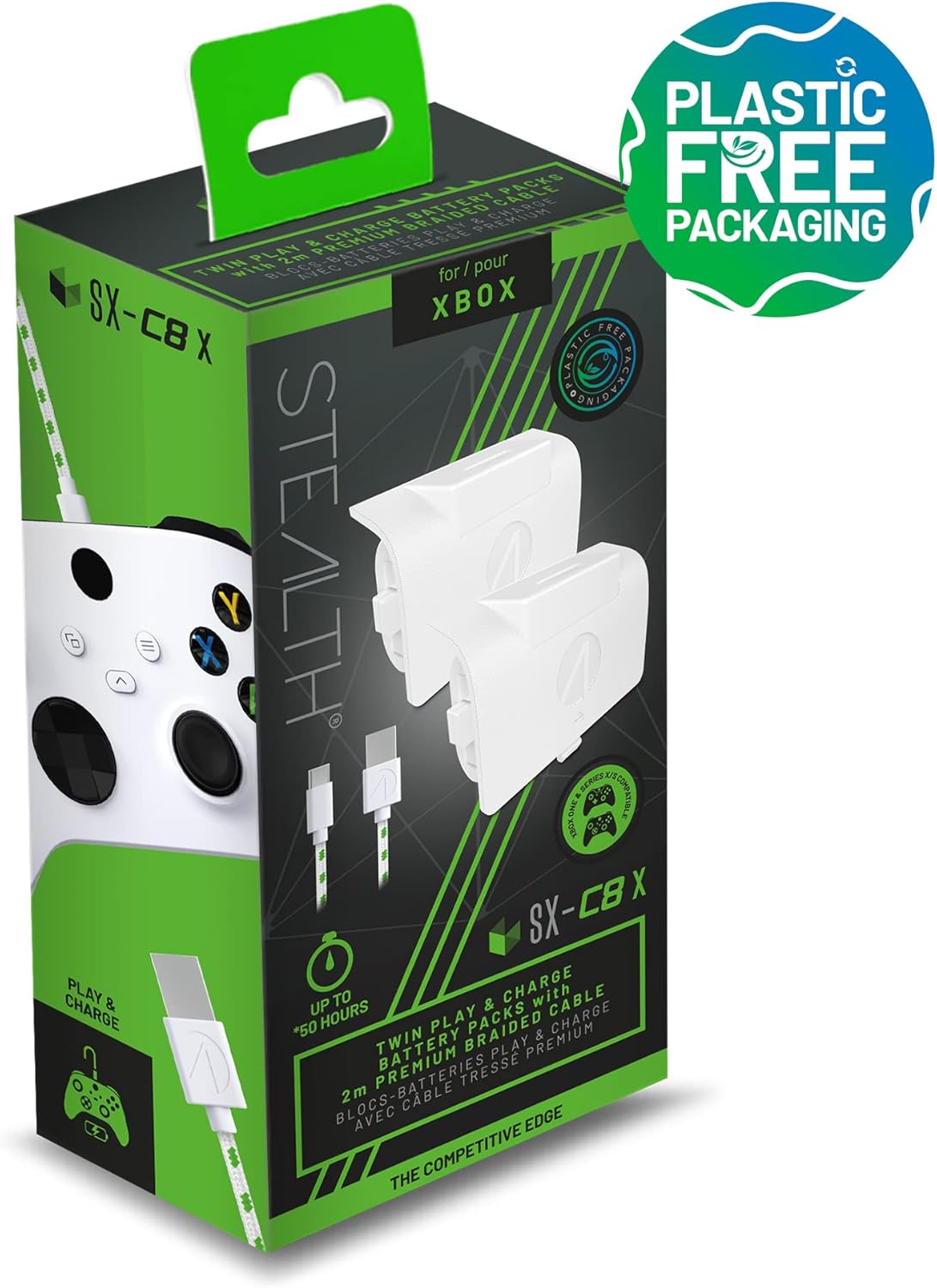 Pack Blocs-Batteries  Stealth SX-C8 X Blanc + Charge avec câble tressé Xbox