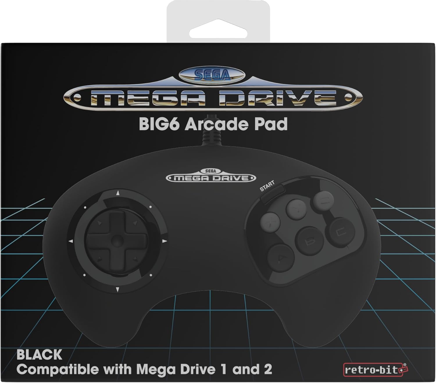 Retro-bit - Manette Filaire Noire BIG6 Sega Mega Drive & Genesis - Port d'origine